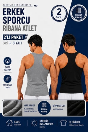 Erkek Sporcu Ribana Atlet 2’li Paket(Seher Yetkili Satıcısı) - Beyaz(%100 Pamuk) Gri(%40 pamuk %60 Polyester)