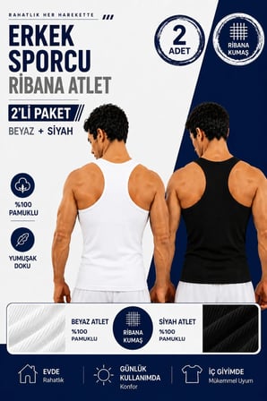Erkek Sporcu Ribana Atlet 2’li Paket(Seher Yetkili Satıcısı) - Beyaz(%100 Pamuk) Gri(%40 pamuk %60 Polyester)