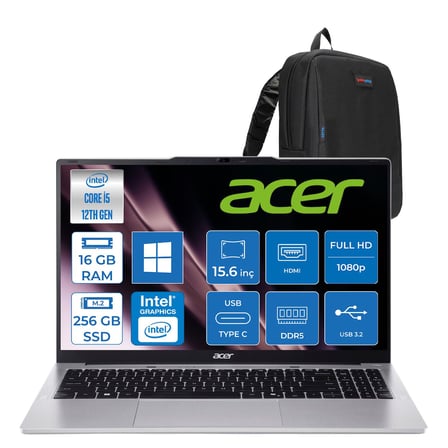Acer Aspire Lite AL15-71P-536Q Intel Core I5 12450H 16GB 256GB SSD Windows 11 Pro 15.6'' Fullhd (1920 x 1080) Laptop NXJ7JEY001P01 + Zetta Çanta
