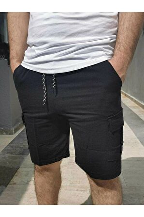 Erkek Siyah Pamuk Spor Kargo Cepli 2 Iplik Şort
