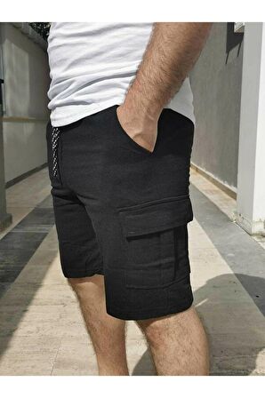 Erkek Siyah Pamuk Spor Kargo Cepli 2 Iplik Şort