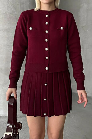 Düğme Detaylı Şık Etekli Triko Takım