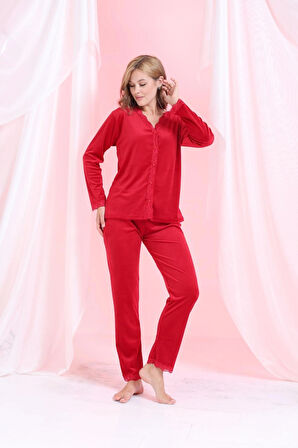 Kadın Önden Düğmeli Kadife Dantel Yaka Detaylı, Çeyizlik Kırmızı Pijama Takımı