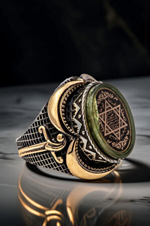 Erkek Yeşil Kehribar Taşlı Süleyman Mührü İşlemeli Hançer 925 Ayar Gümüş Yüzük