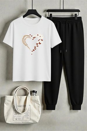Unisex Leoparlı Kelebekli Kalp Tasarım Baskılı Tişört - 2'li Eşofman Takımı