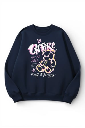 Unisex Yumuşak Dokulu On Fire Risk Baskılı Tasarım Oversize 3 İplik Bisiklet Yaka Sweatshirt