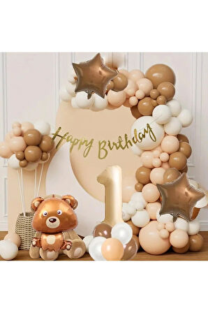 Erkek ve Kız Çocuklar İçin 1 Yaş Partisi Dekorasyonu - Folyo Ayı Hayvan Orman Temalı Parti Süsleri