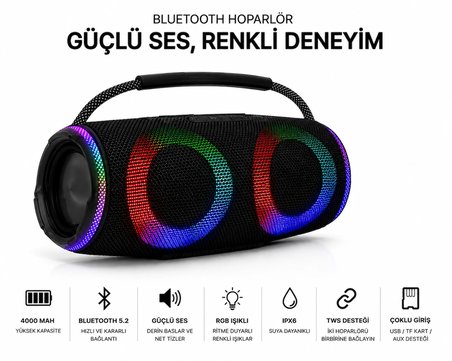 CHARGE7 4000 mAh Güçlü Batarya Bluetooth 5.2 Hızlı Bağlantı RGB Işıklı Bluetooth Hoparlör