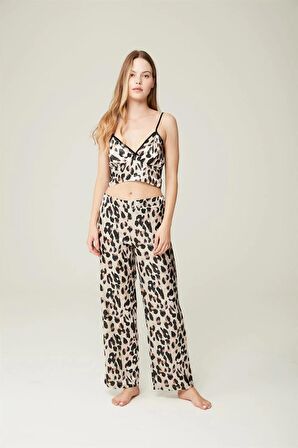 Saten Ashley Sabahlık Büstiyer Pantolon 3'lü Takım Leopard