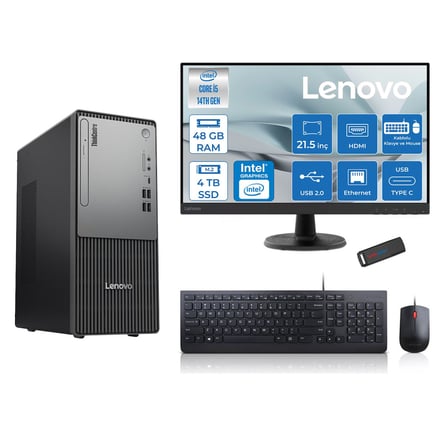 Lenovo Thinkcentre Neo 50T Gen5 Intel Core I5 14400 48GB Ddr5 4tb SSD 21.5 Inç Monitör Freedos Intel UHD 730 Masaüstü Bilgisayar 2112UAS1CF00F20 + Zetta Flash Bellek