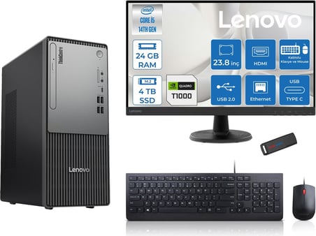 Lenovo Thinkcentre Neo 50T Gen5 Intel Core I5 14400 24GB Ddr5 4tb SSD 23.8 Inç Monitör Freedos Quadro T1000 4gb Masaüstü Bilgisayar 10002412UAS1CF00F10 + Zetta Flash Bellek
