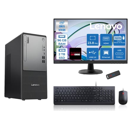Lenovo Thinkcentre Neo 50T Gen5 Intel Core I5 14400 96GB Ddr5 2tb SSD 23.8 Inç Monitör Freedos Radeon RX550 4gb Masaüstü Bilgisayar 5502412UAS1CF00F29 + Zetta Flash Bellek