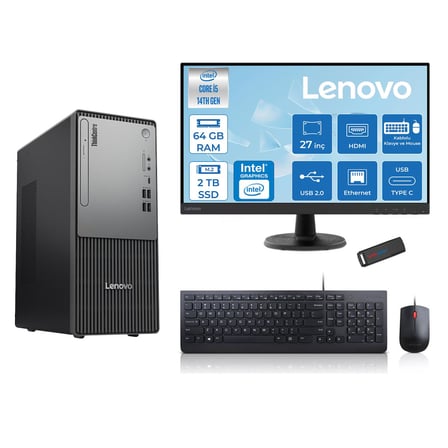 Lenovo Thinkcentre Neo 50T Gen5 Intel Core I5 14400 64GB Ddr5 2tb SSD 27 Inç Monitör Freedos Intel UHD 730 Masaüstü Bilgisayar 2712UAS1CF00F24 + Zetta Flash Bellek