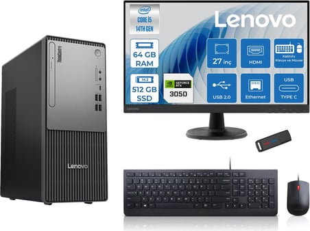 Lenovo Thinkcentre Neo 50T Gen5 Intel Core I5 14400 64GB Ddr5 512GB SSD 27 Inç Monitör Freedos Nvidia RTX3050 6gb Masaüstü Bilgisayar 30502712UAS1CF00F22 + Zetta Flash Bellek