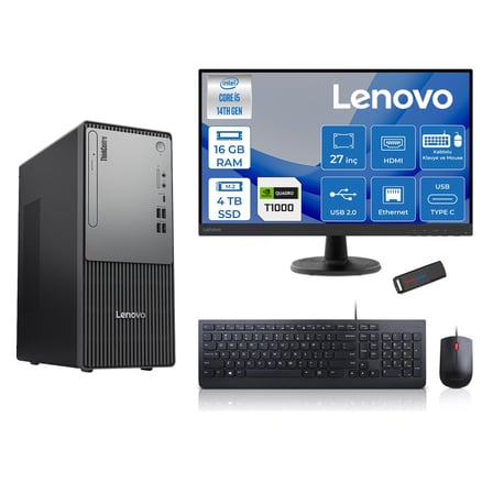 Lenovo Thinkcentre Neo 50T Gen5 Intel Core I5 14400 16GB Ddr5 4tb SSD 27 Inç Monitör Freedos Quadro T1000 4gb Masaüstü Bilgisayar 10002712UAS1CF00F05 + Zetta Flash Bellek