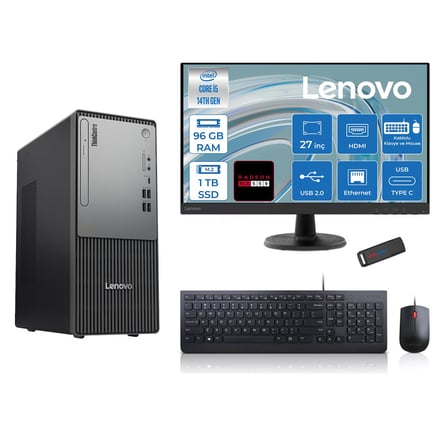 Lenovo Thinkcentre Neo 50T Gen5 Intel Core I5 14400 96GB Ddr5 1tb SSD 27 Inç Monitör Freedos Radeon RX550 4gb Masaüstü Bilgisayar 5502712UAS1CF00F28 + Zetta Flash Bellek