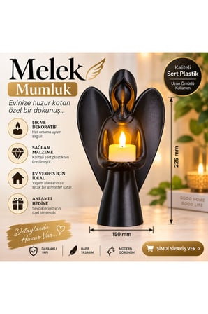 Melek Mumluk Dekoratif Siyah Melek Biblo Mumluk Pilli LED Mum Hediyeli 22,5x15 cm - Siyah