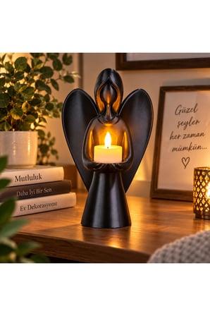 Melek Mumluk Dekoratif Siyah Melek Biblo Mumluk Pilli LED Mum Hediyeli 22,5x15 cm - Siyah