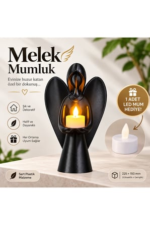 Melek Mumluk Dekoratif Siyah Melek Biblo Mumluk Pilli LED Mum Hediyeli 22,5x15 cm - Siyah