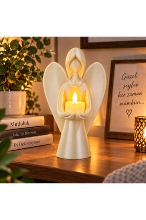 Melek Mumluk Dekoratif Siyah Melek Biblo Mumluk Pilli LED Mum Hediyeli 22,5x15 cm - Beyaz