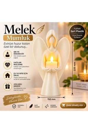 Melek Mumluk Dekoratif Siyah Melek Biblo Mumluk Pilli LED Mum Hediyeli 22,5x15 cm - Beyaz