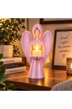 Melek Mumluk Dekoratif Siyah Melek Biblo Mumluk Pilli LED Mum Hediyeli 22,5x15 cm - Pembe