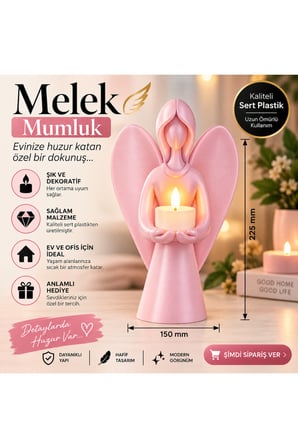 Melek Mumluk Dekoratif Siyah Melek Biblo Mumluk Pilli LED Mum Hediyeli 22,5x15 cm - Pembe