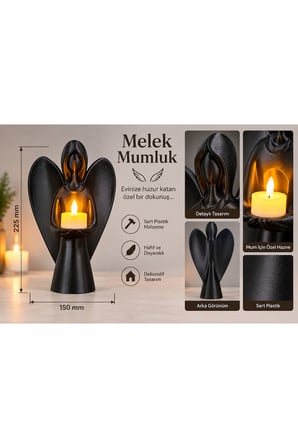 Melek Mumluk Dekoratif Siyah Melek Biblo Mumluk Pilli LED Mum Hediyeli 22,5x15 cm - Pembe