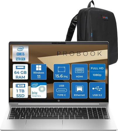 Hp Probook 450 G10 Intel Core I7 1355U 5ghz 64GB 1tb SSD Iris® Xe Graphics Windows 11 Pro 15.6" IPS Fullhd (1920X1080) 250NITS Taşınabilir Bilgisayar H9969H2ETP33 + Zetta Çanta
