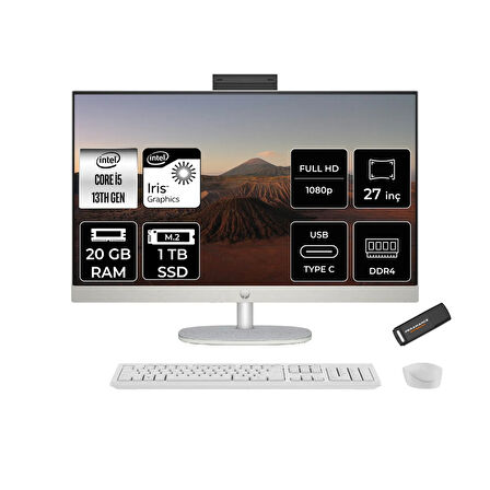 HP 27-CR0009NT i5 1335U 20GB 1TB SSD Intel Graphics 27" FHD IPS FDOS All In One PC Beyaz & PER4