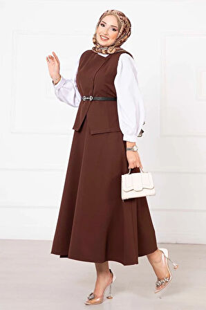 düğme detaylı kemerli yelek etek takım