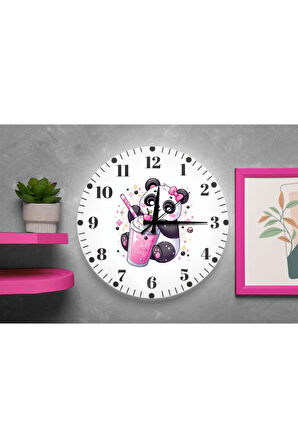Kız Çocuk Odası İçin Pembe Panda Tasarımlı Sessiz Duvar Saati