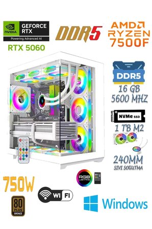 PRİME 57W Ryzen 5 7500F 16GB DDR5 1TB M2 SSD RTX5060 27' 280Hz Beyaz Sıvı Soğutma Oyuncu Bilgisayarı
