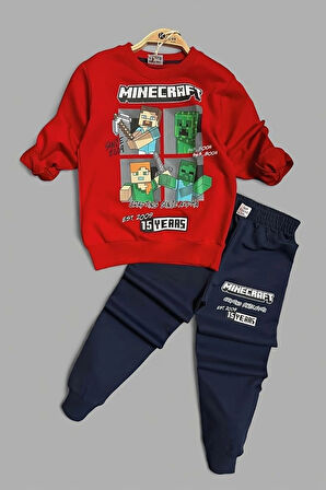 Minecraft Desenli Kırmızı Renk Erkek Çocuk Eşofman Takım