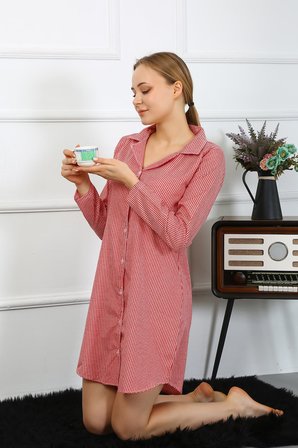 Moda Çizgi Kadın Penye Uzun Kol Düğmeli Tunik Gecelik 13101 KIRMIZI