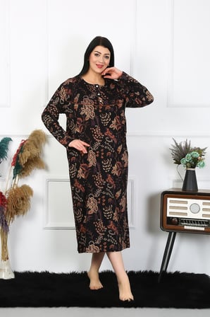 Moda Çizgi Kadın Büyük Beden Uzun Kol Siyah Anne Gecelik 1367
