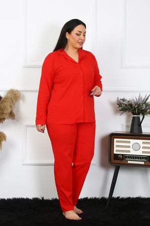 Moda Çizgi Kadın Büyük Beden Pamuklu Cepli Düğmeli Kırmızı Pijama Takım 202401