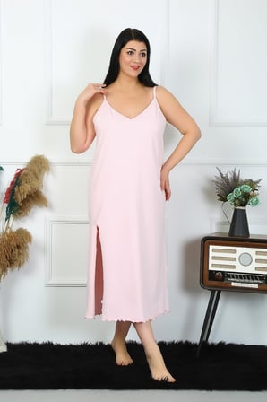 Moda Çizgi Kadın Büyük Beden İp Askılı Pamuklu Pembe Uzun Gecelik 12100
