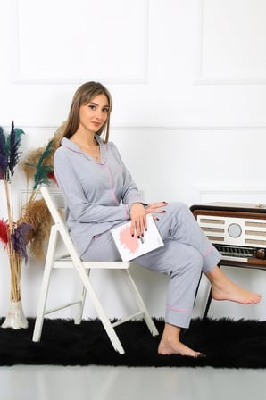 Moda Çizgi Kadın Pamuk Penye Önden Düğmeli Uzun Kol Gri Pijama Takım 2782