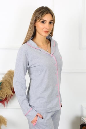 Moda Çizgi Kadın Pamuk Penye Önden Düğmeli Uzun Kol Gri Pijama Takım 2782