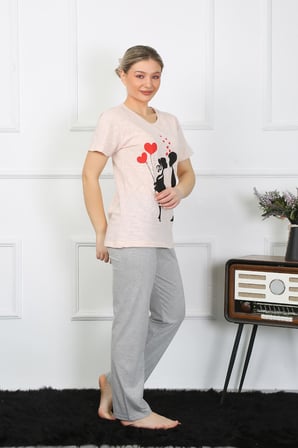 Moda Çizgi Kadın Kısa Kol Penye Pijama Takım 4207 PUDRA