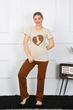Moda Çizgi Kısa Kol Penye Pijama Takımı 4209 BEJ