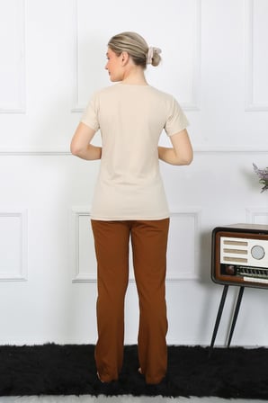 Moda Çizgi Kısa Kol Penye Pijama Takımı 4209 BEJ
