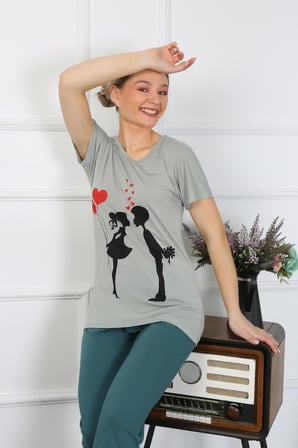 Moda Çizgi Kadın Kısa Kol Penye Pijama Takımı 4210 SU YEŞİLİ
