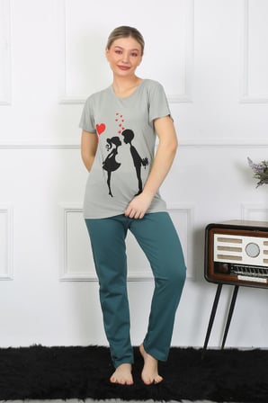 Moda Çizgi Kadın Kısa Kol Penye Pijama Takımı 4210 SU YEŞİLİ