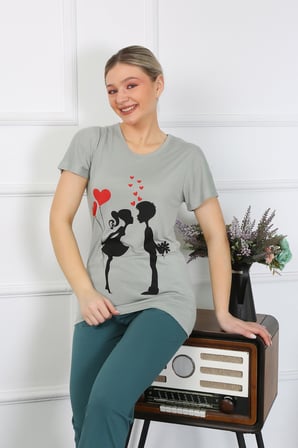 Moda Çizgi Kadın Kısa Kol Penye Pijama Takımı 4210 SU YEŞİLİ
