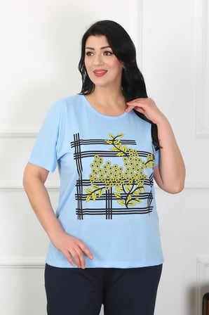 Moda Çizgi Kadın Büyük Beden Mavi Pijama Takımı 202402