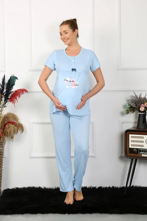 Moda Çizgi Kadın Kısa Kol Hamile Lohusa Pijama Takımı Mavi 45210