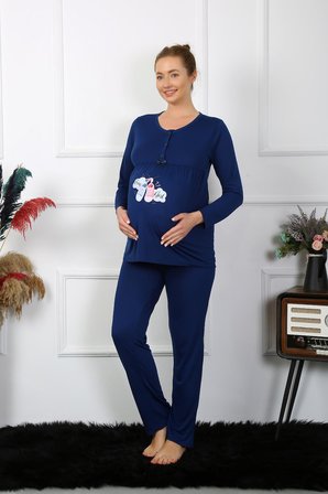 Moda Çizgi Kadın Uzun Kol Hamile Lohusa Pijama Takımı Lacivert 45501
