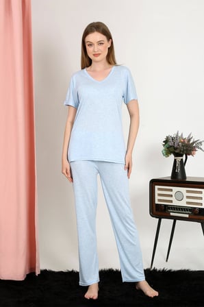 Moda Çizgi Kadın Kısa Kol Pamuk Penye Pijama Takım Mavi 4213